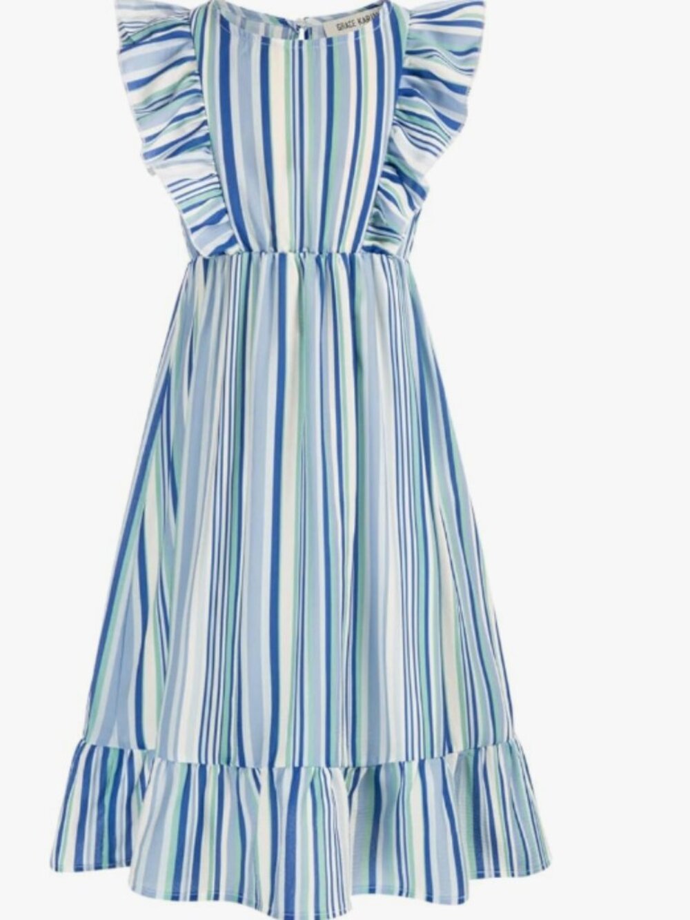 Grace Karin Girls Size 12 Blue Green Vertical Stripe Flounced Midi Dress